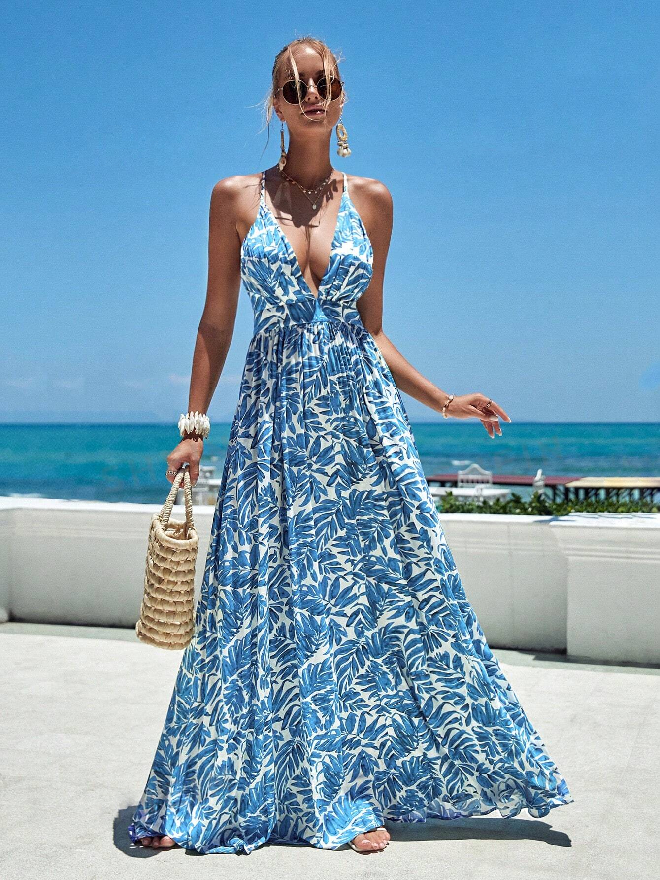 Women's Back Crossed Plant Printed Dress