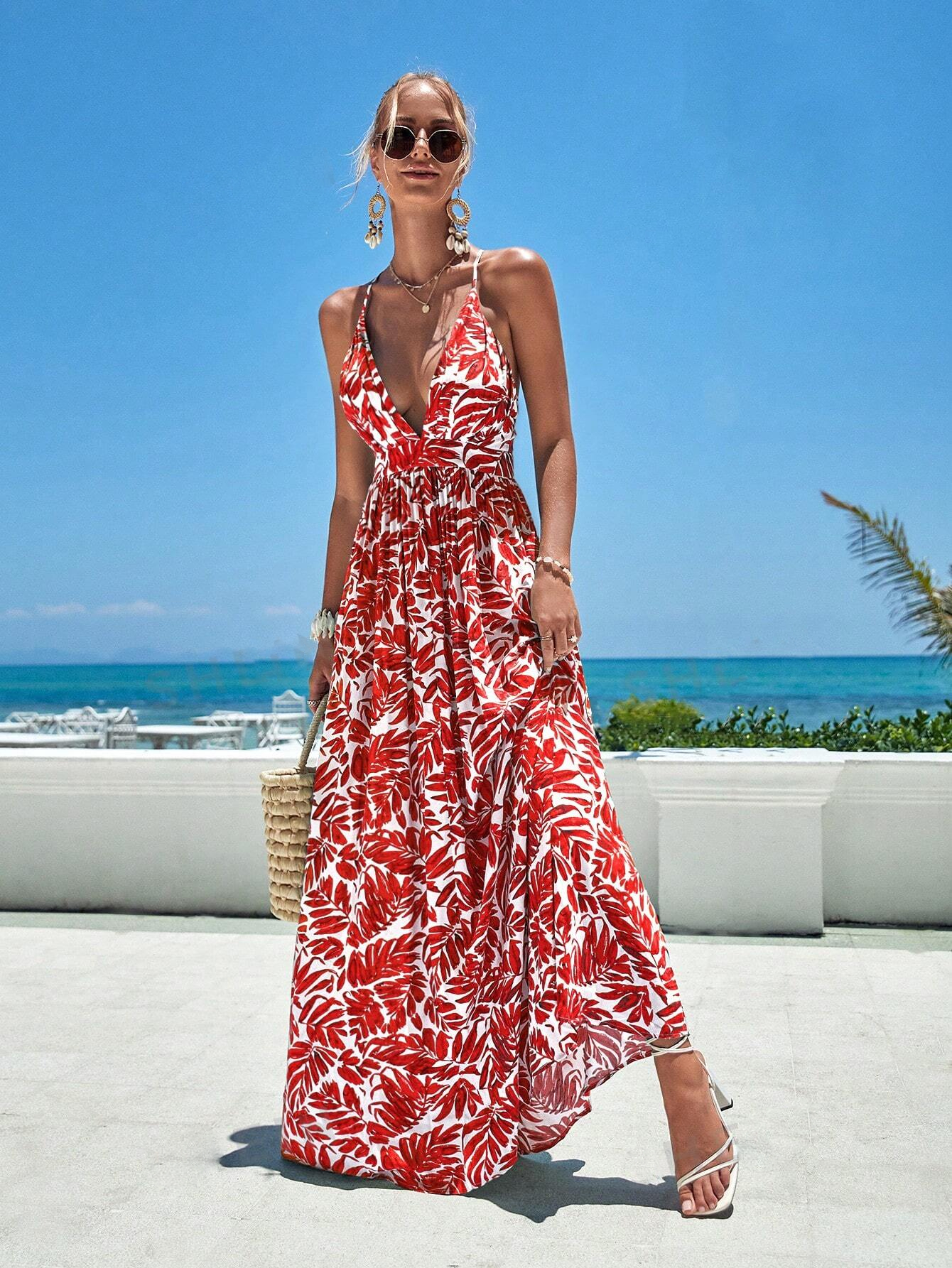 Women's Back Crossed Plant Printed Dress
