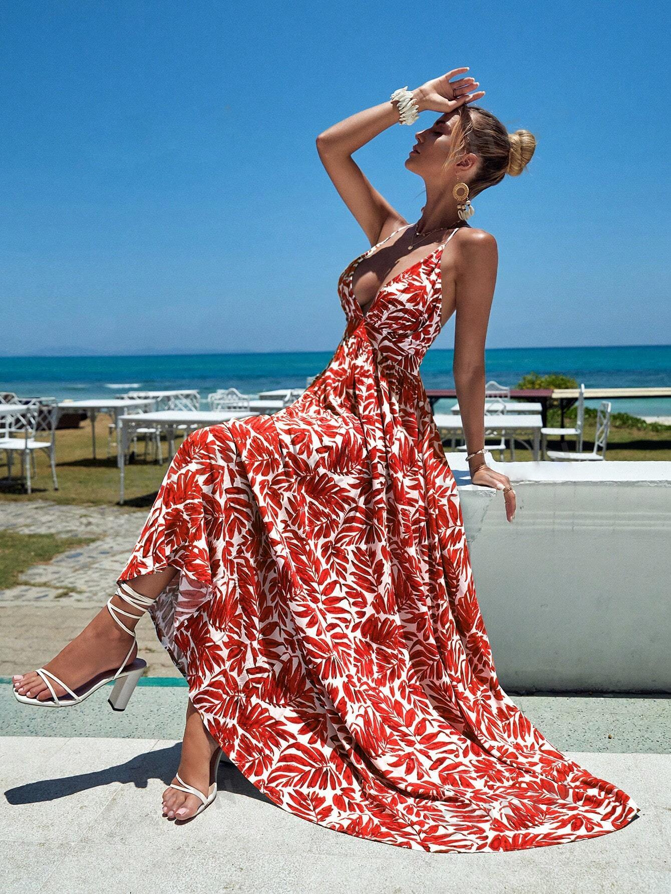 Women's Back Crossed Plant Printed Dress