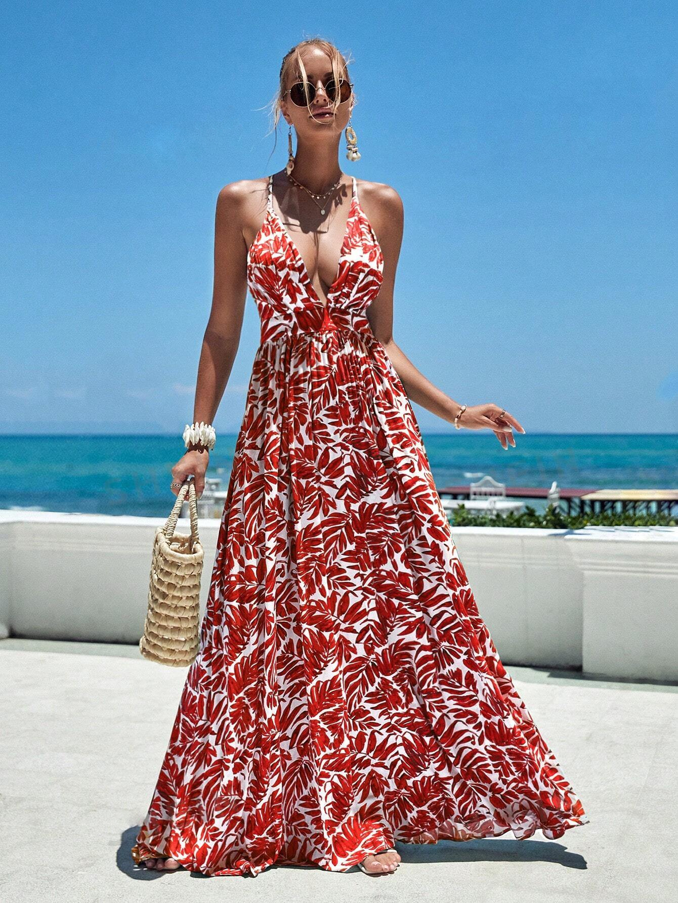 Women's Back Crossed Plant Printed Dress