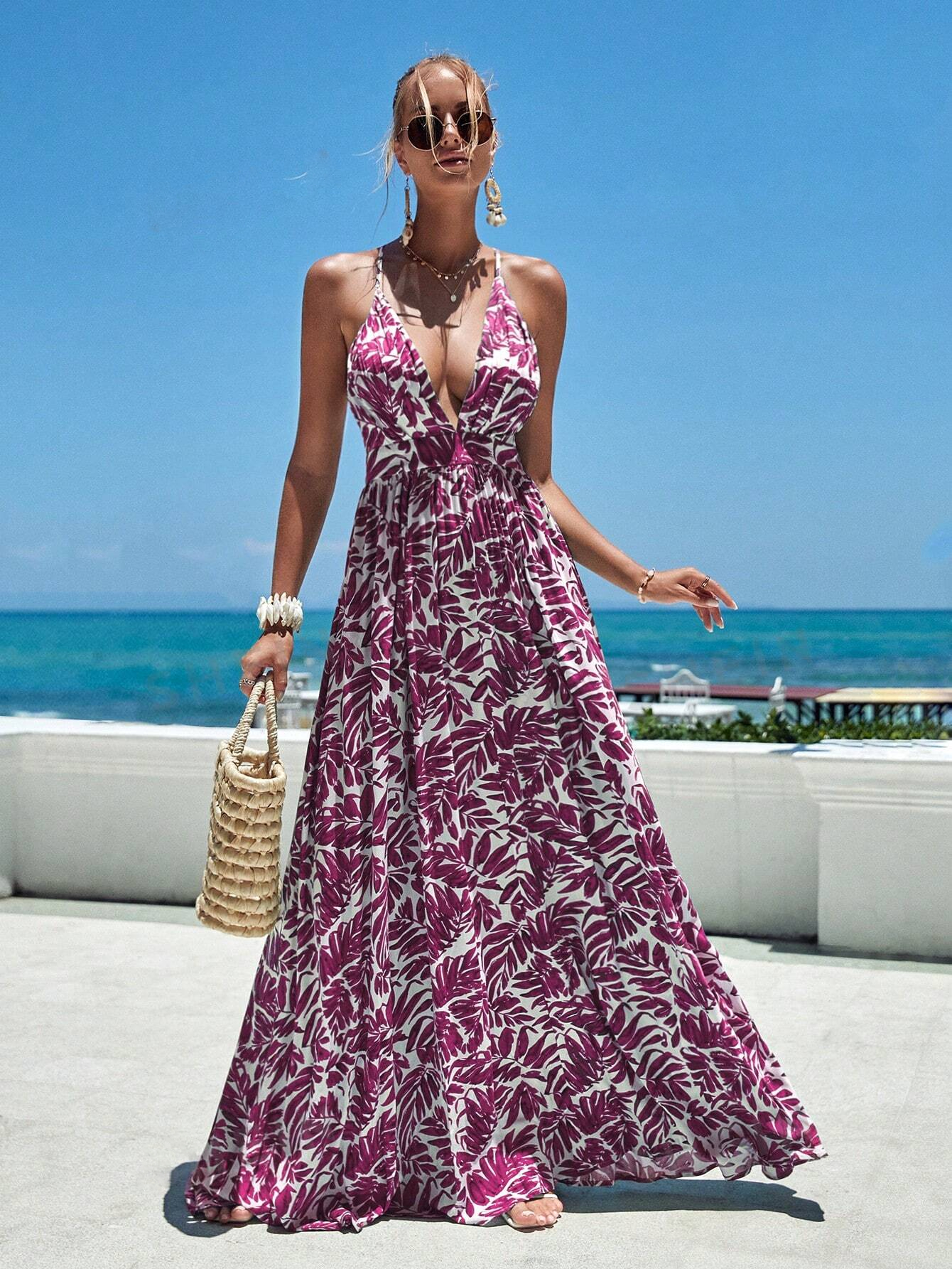 Women's Back Crossed Plant Printed Dress