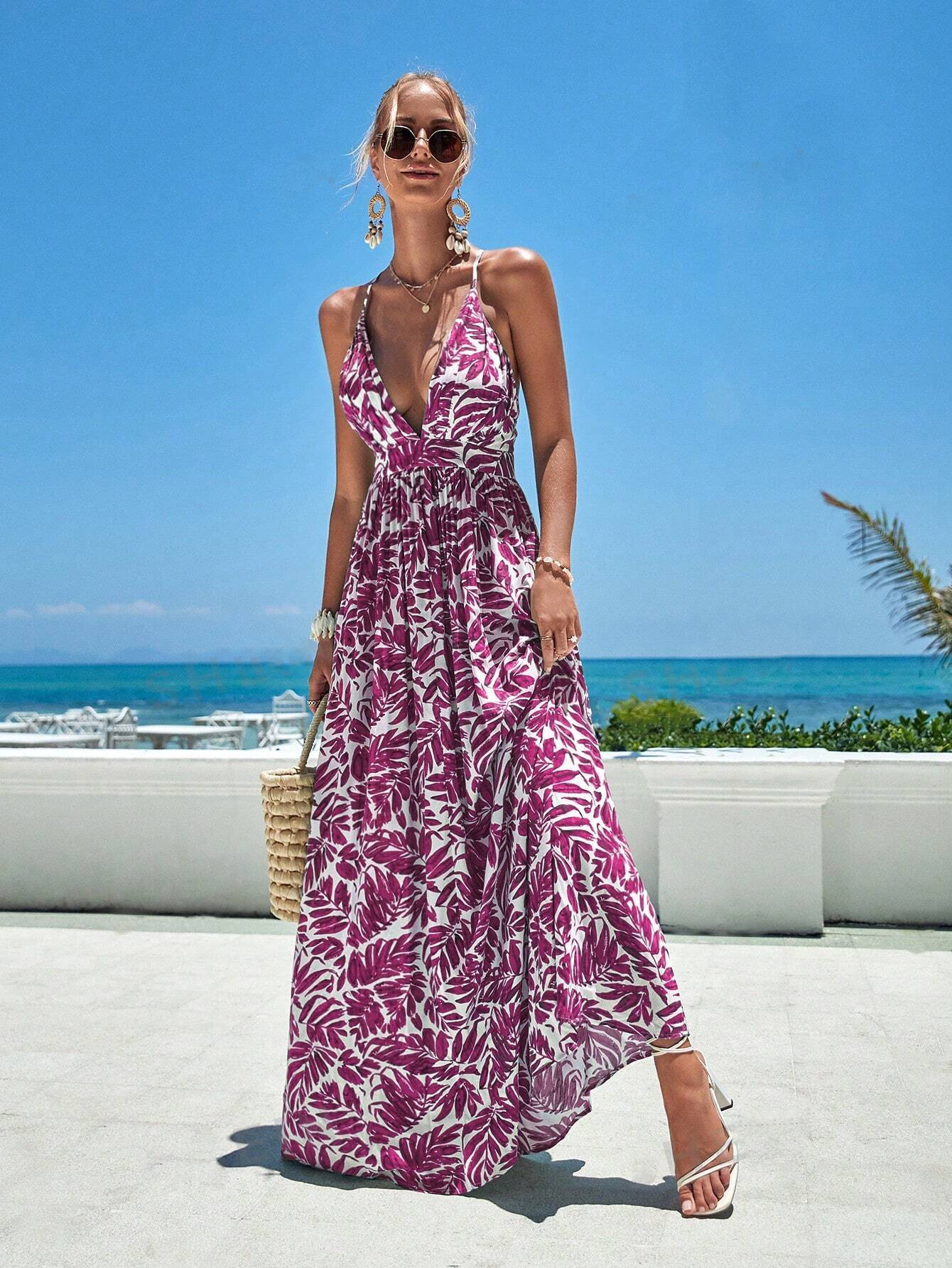 Women's Back Crossed Plant Printed Dress
