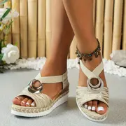 solid color wedge sandals women s buckle design platform details 3