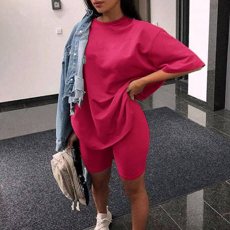 Casual O Neck Short Sleeve Shirt Top and Bodycon Shorts Two Piece Set