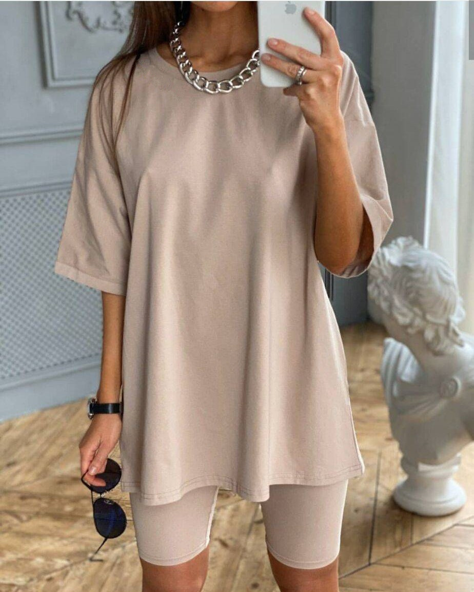 Casual O Neck Short Sleeve Shirt Top and Bodycon Shorts Two Piece Set