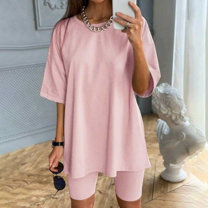 Casual O Neck Short Sleeve Shirt Top and Bodycon Shorts Two Piece Set