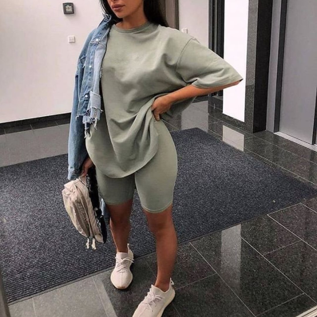 Casual O Neck Short Sleeve Shirt Top and Bodycon Shorts Two Piece Set