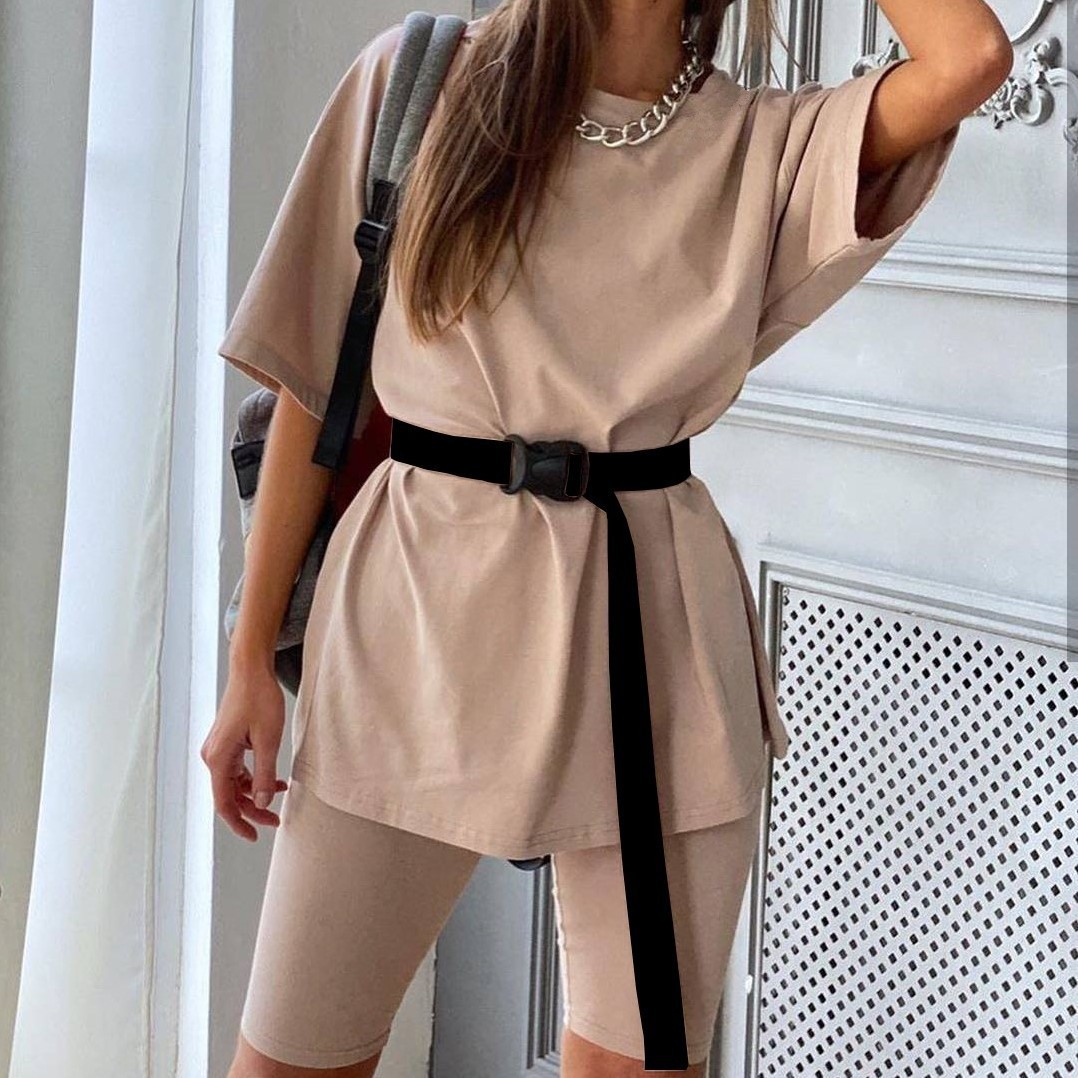Casual O Neck Short Sleeve Shirt Top and Bodycon Shorts Two Piece Set