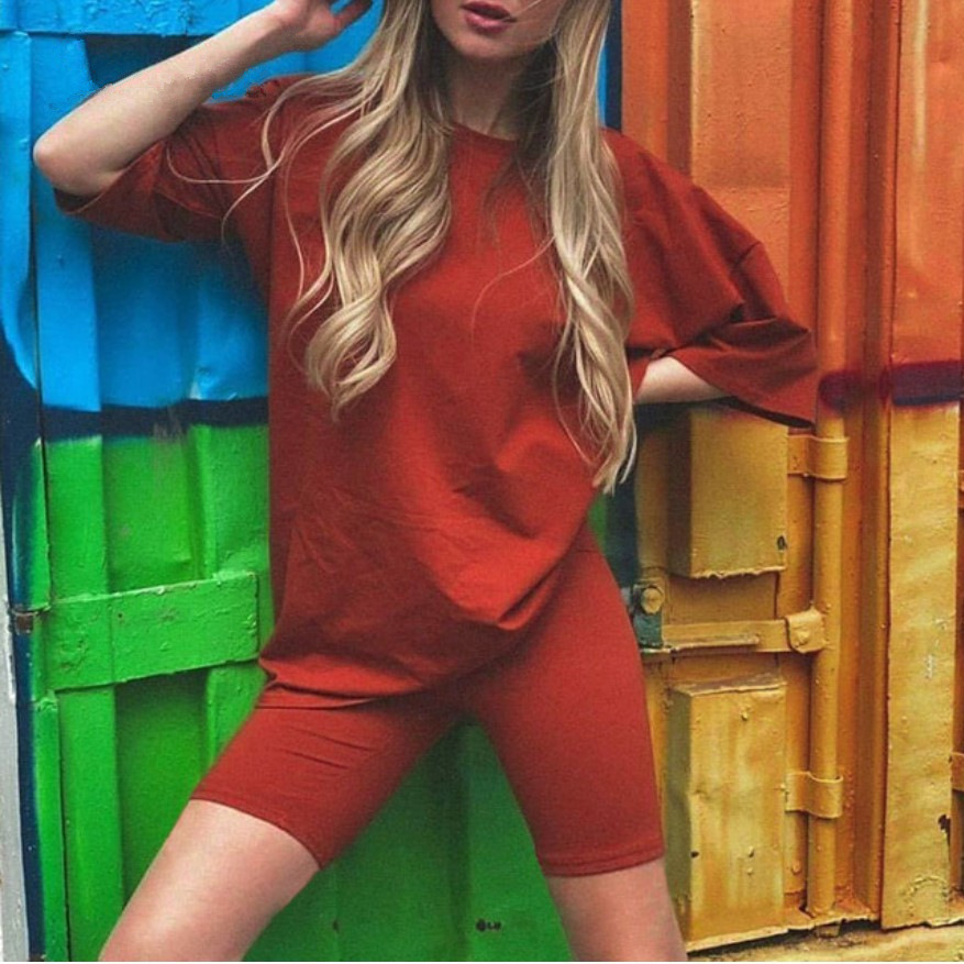 Casual O Neck Short Sleeve Shirt Top and Bodycon Shorts Two Piece Set