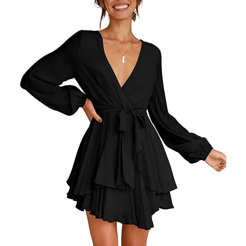 🔥V-Neck Waist Tie Ruffle Mini Swing Skater Dresses❤️Buy 2 Free Shipping
