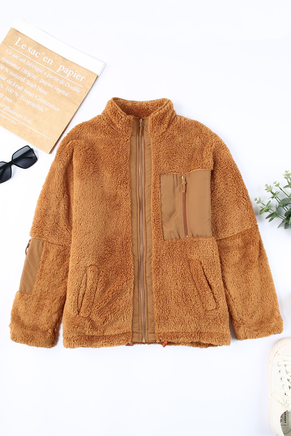 Blue Black Zip Up Sherpa Coat with Pocket