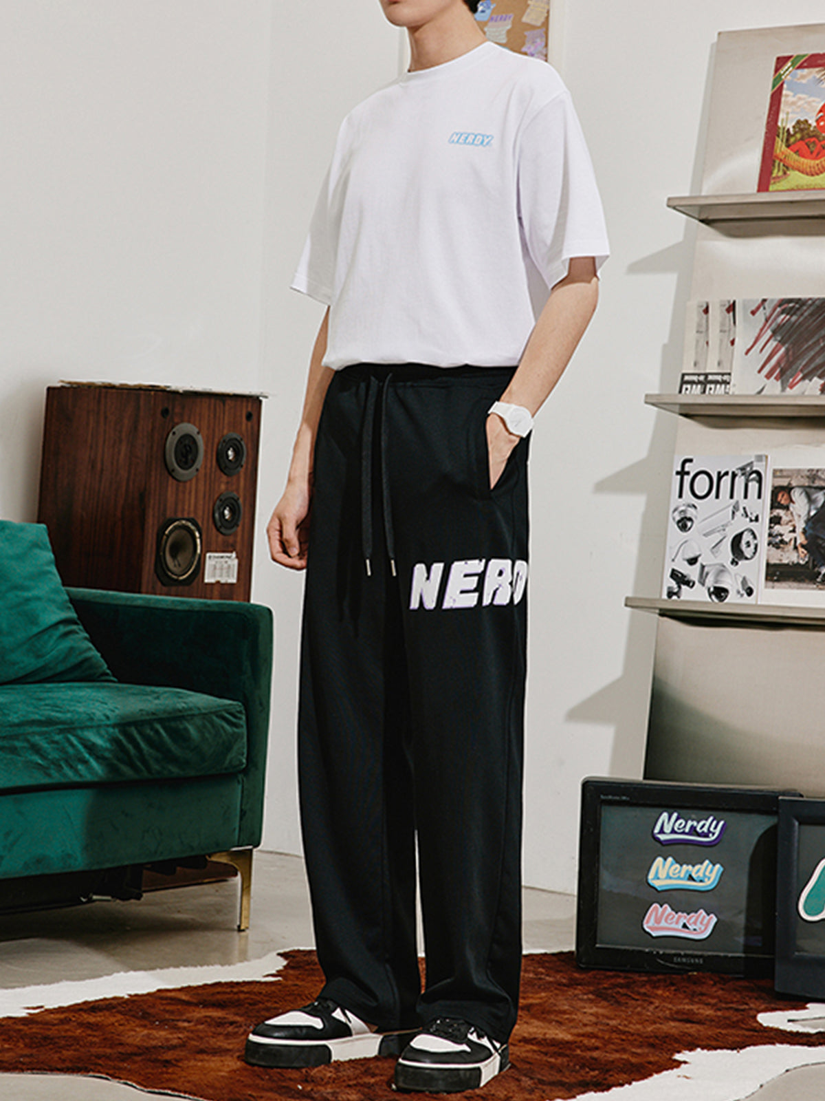 NERDY Logo Print Loose Straight Sports Pants-Zittor