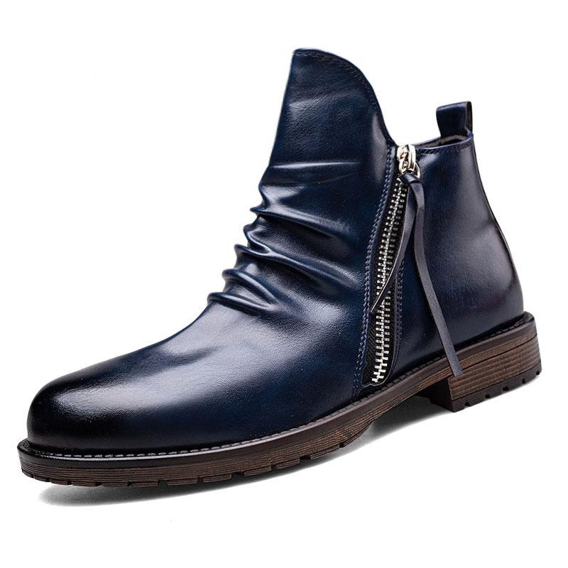 Men's leather boots with double side zippers non-slip soles