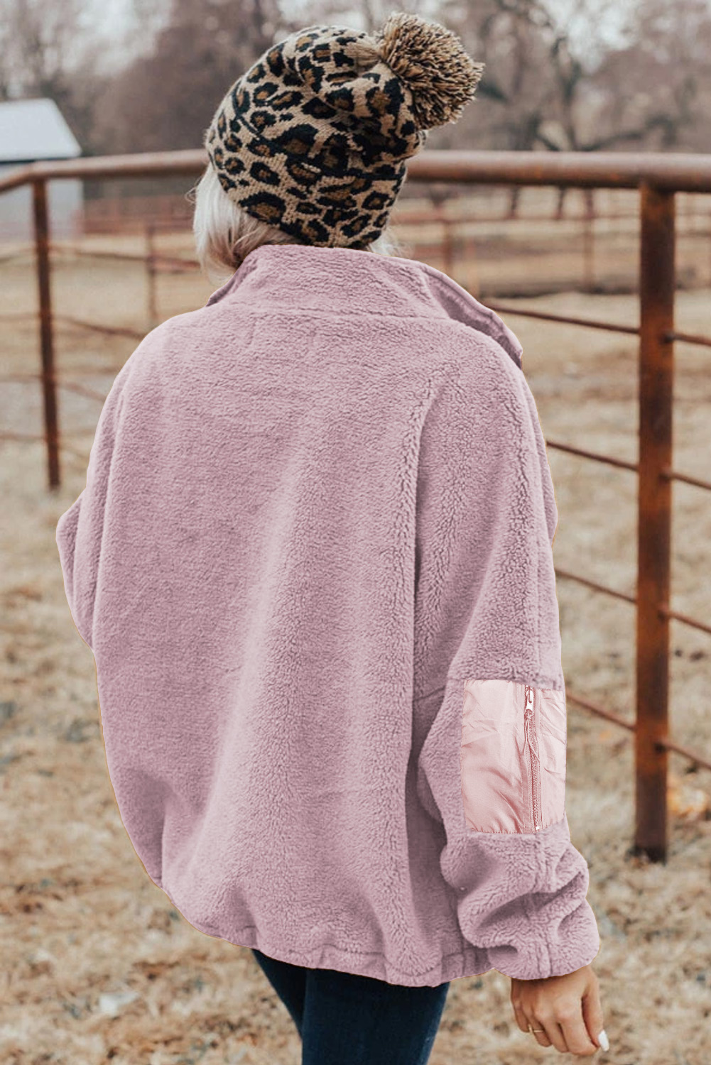 Blue Black Zip Up Sherpa Coat with Pocket