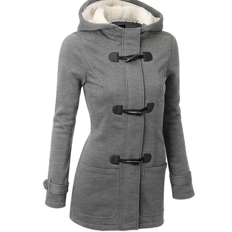 Women's horn button thickened hooded cotton coat