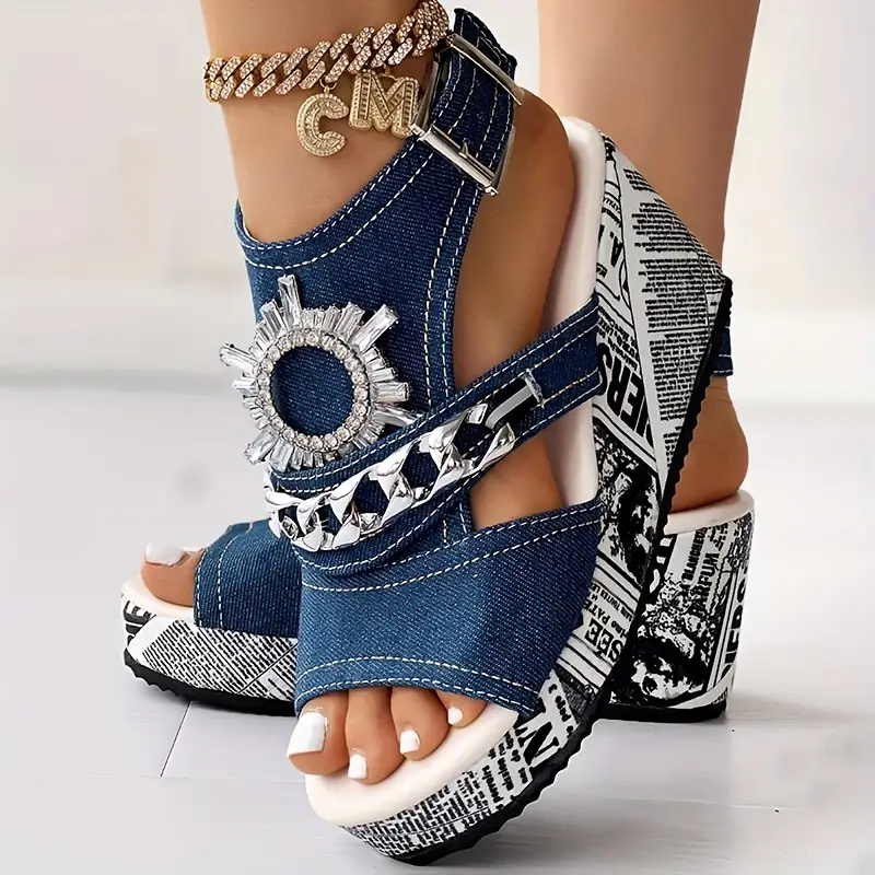 Women s Chain Rhinestone Decor Sandals Slingback Peep Toe details 1