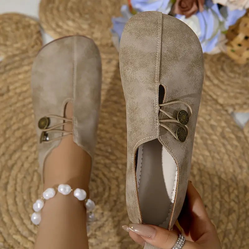 womens soft sole round toe buckle decoration solid color casual single shoes details 9