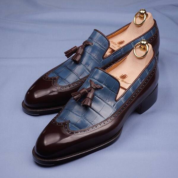 Handmade blue and black double fringed loafers-Zittor