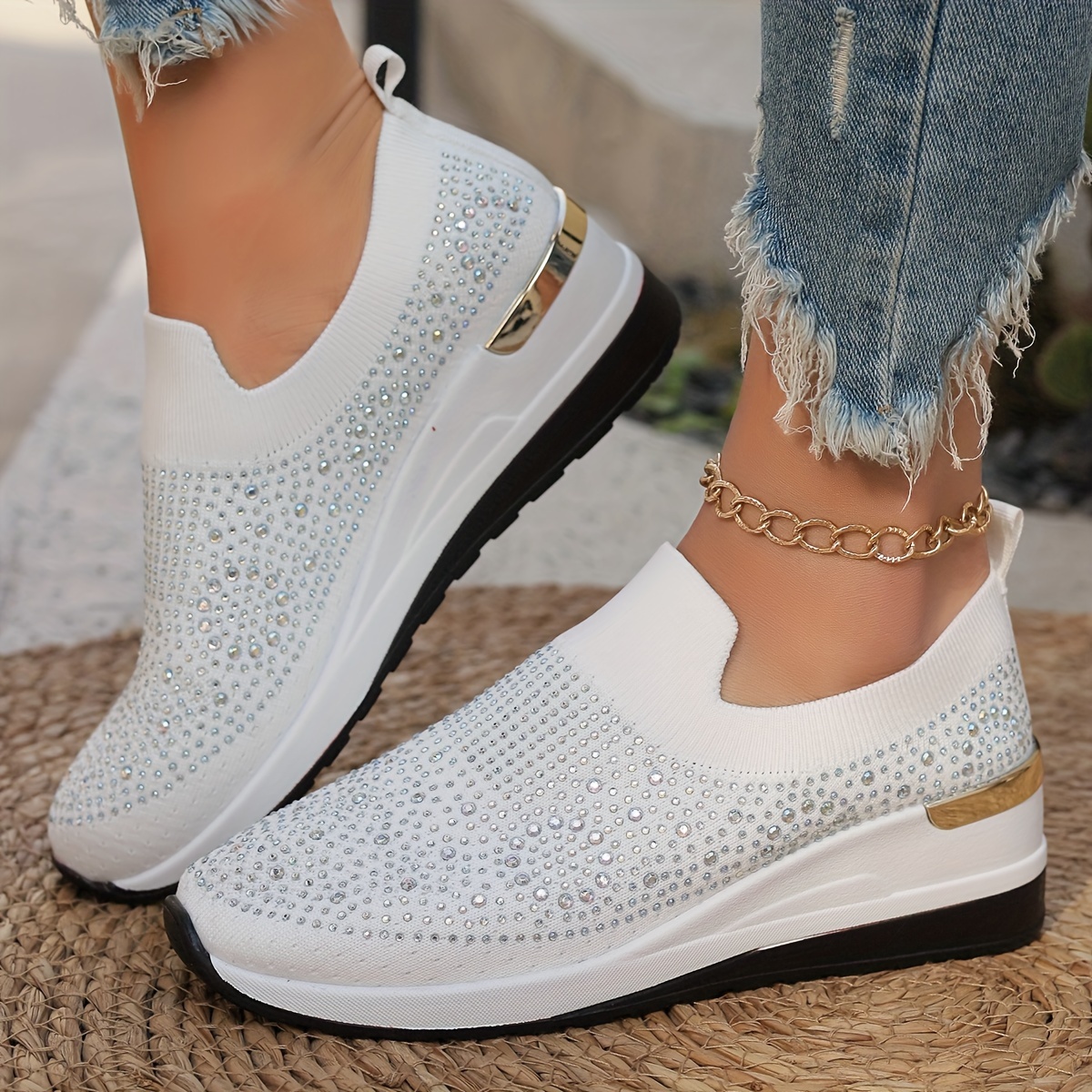 Women's Rhinestone Decor Platform Sneakers
