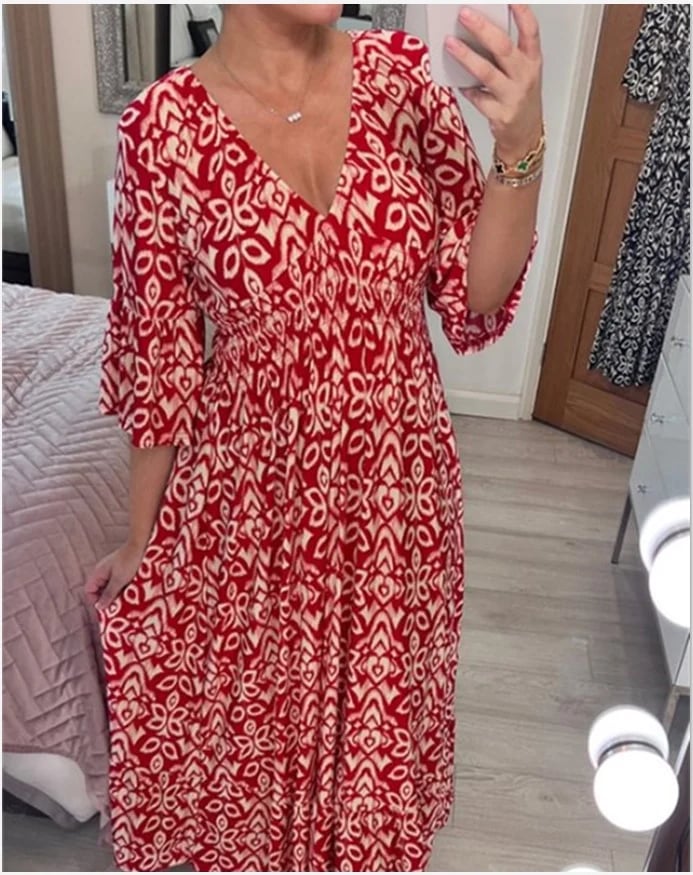 🌸 💞Casual Printed V-Neck Long Dress