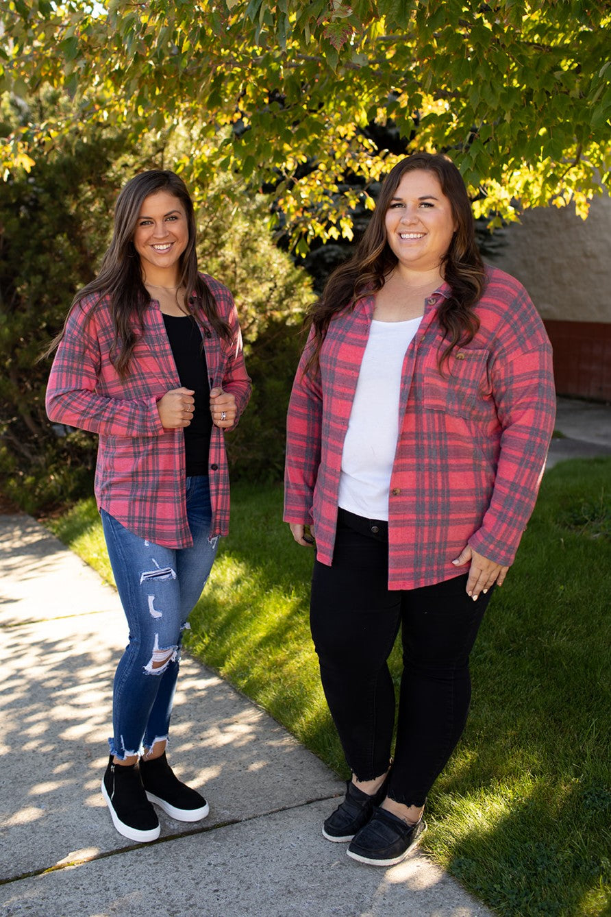Red Black Plaid Oversized Fleece Button Up (SM-3X)