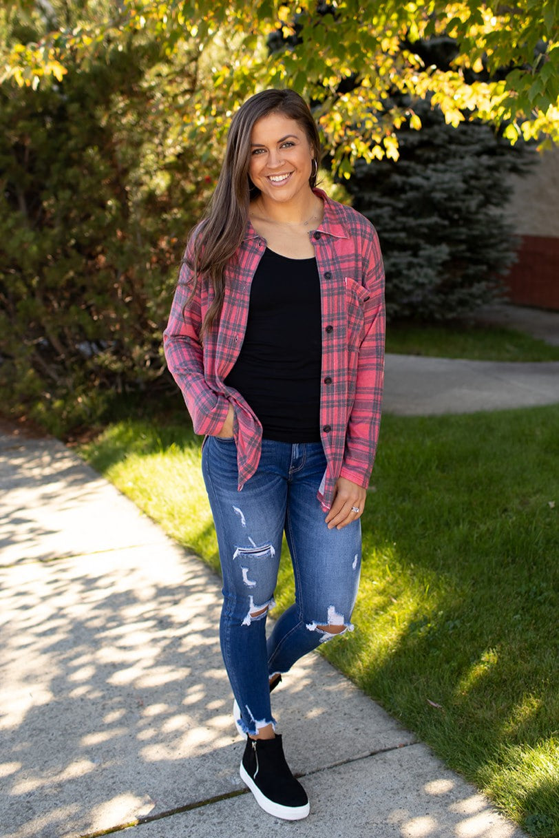 Red Black Plaid Oversized Fleece Button Up (SM-3X)