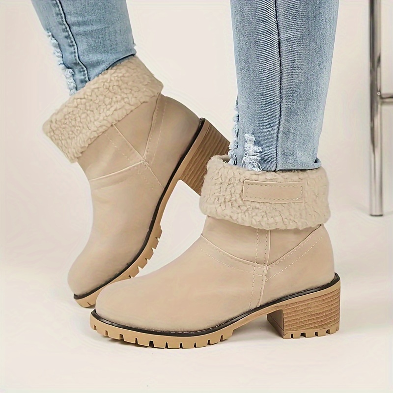 Women's Chunky Heel Slip-On Plush Lined Ankle Boots