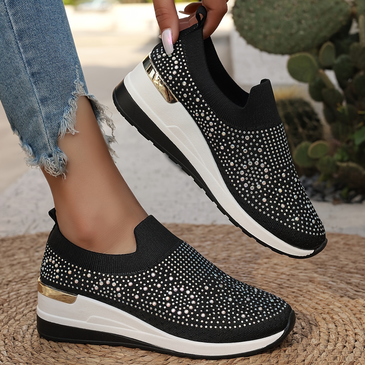 Women's Rhinestone Decor Platform Sneakers