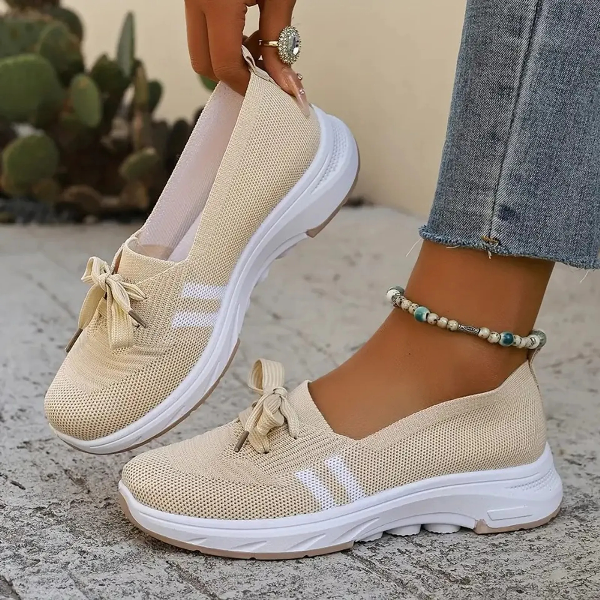 🔥Summer Best Seller🔥Women’s Breathable Knit Slip-On Sneakers with Bow – Lightweight Low-Top Casual Shoes in Beige & White for Everyday Comfort