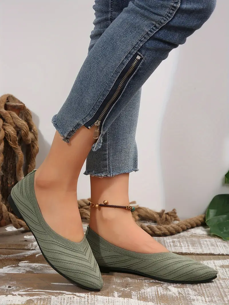 womens pointed toe flat shoes solid color knitted slip on shoes casual breathable ballet flats details 24