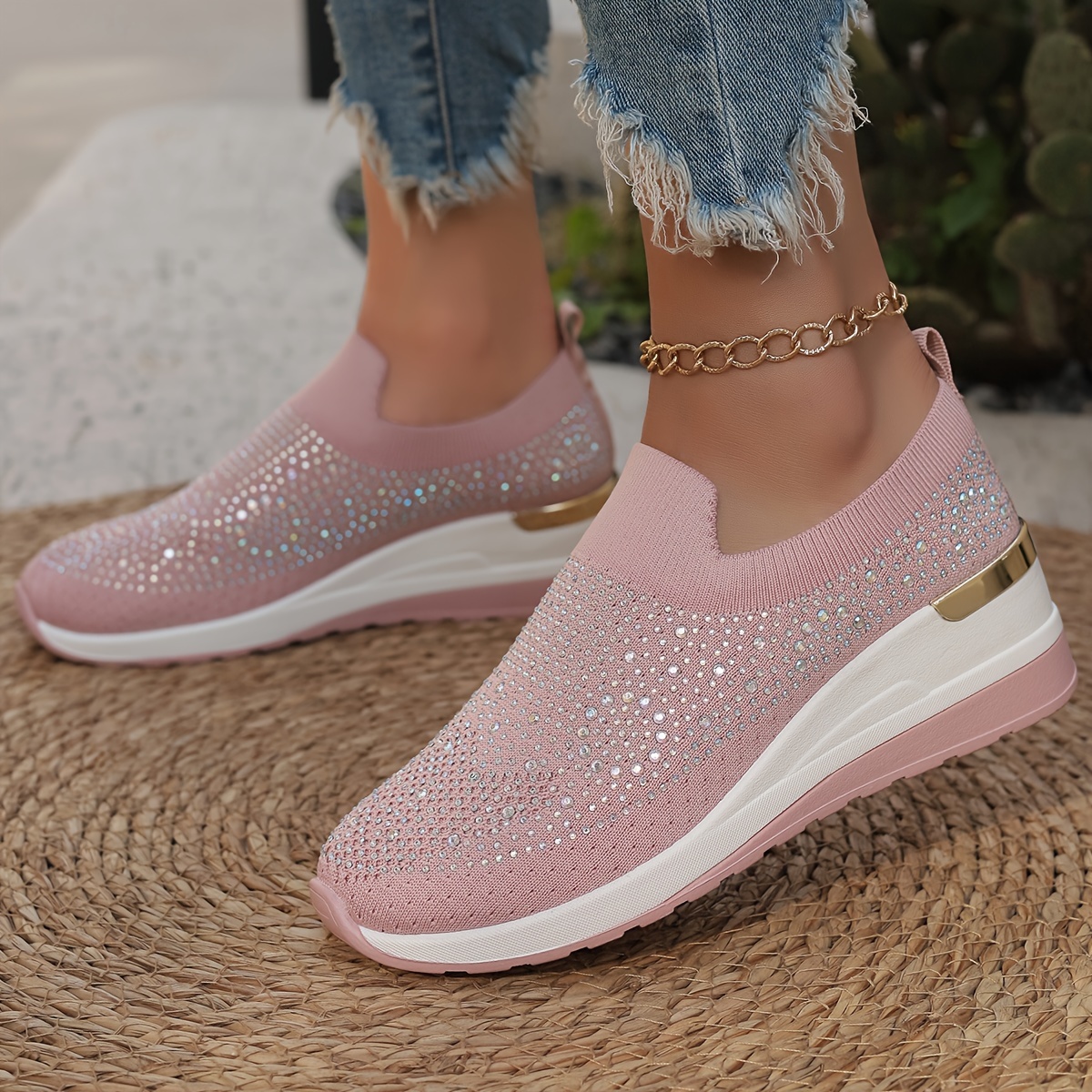 Women's Rhinestone Decor Platform Sneakers