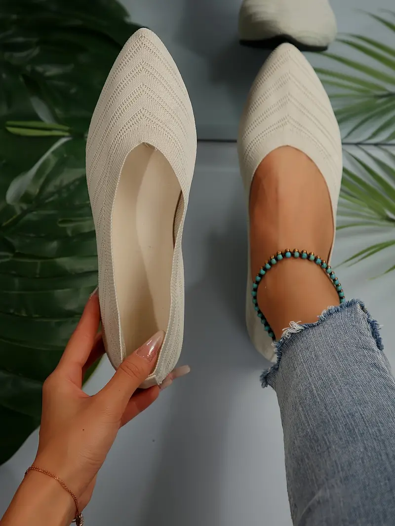 womens pointed toe flat shoes solid color knitted slip on shoes casual breathable ballet flats details 44