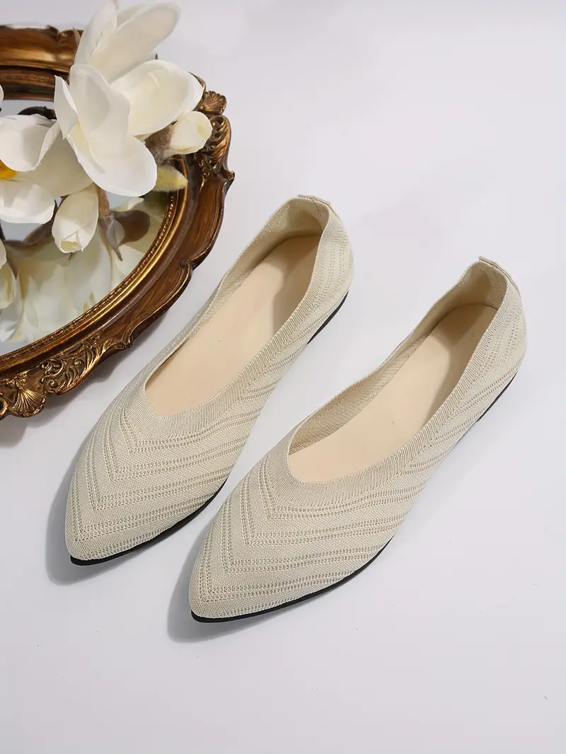 womens pointed toe flat shoes solid color knitted slip on shoes casual breathable ballet flats details 46