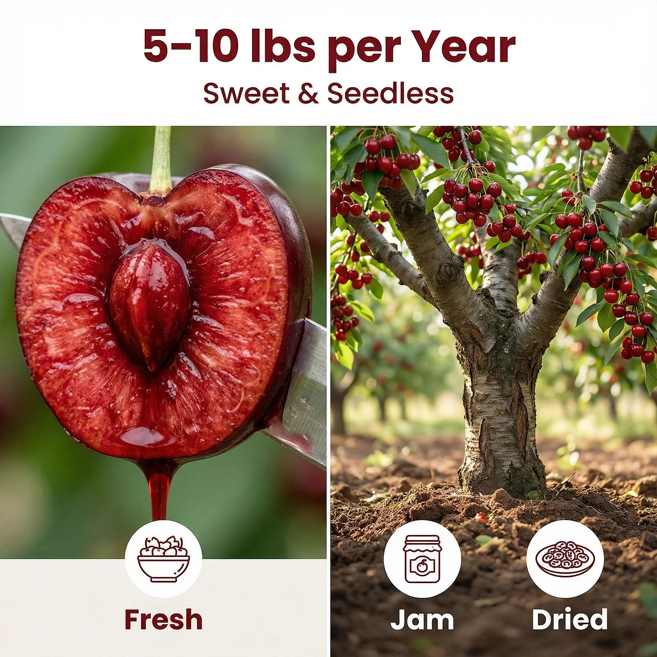 Heirloom Non-GMO Cherry Tree Seedling, Dwarf Compact, Sweet Fruit, for Containers & Home Gardens