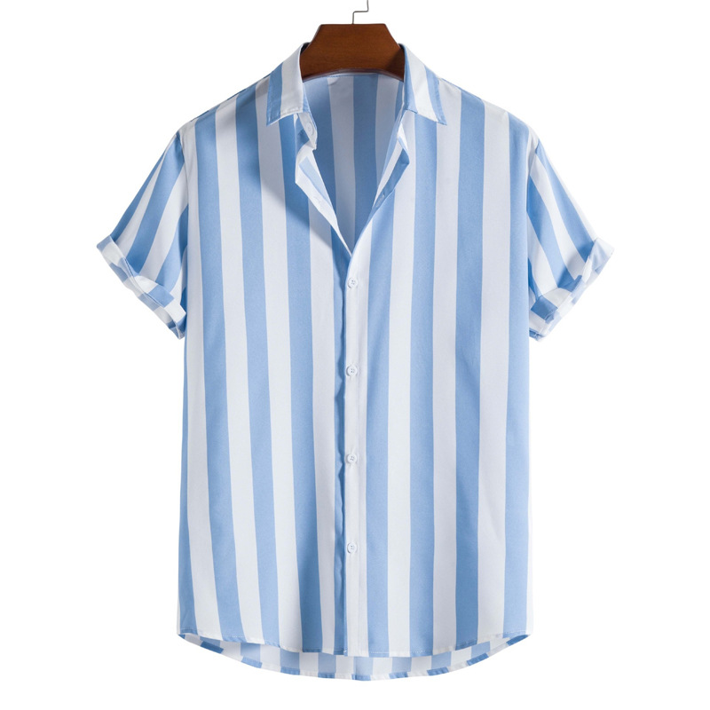 Men's Fashion Striped Contrast Loose Short Sleeve Lapel Shirt