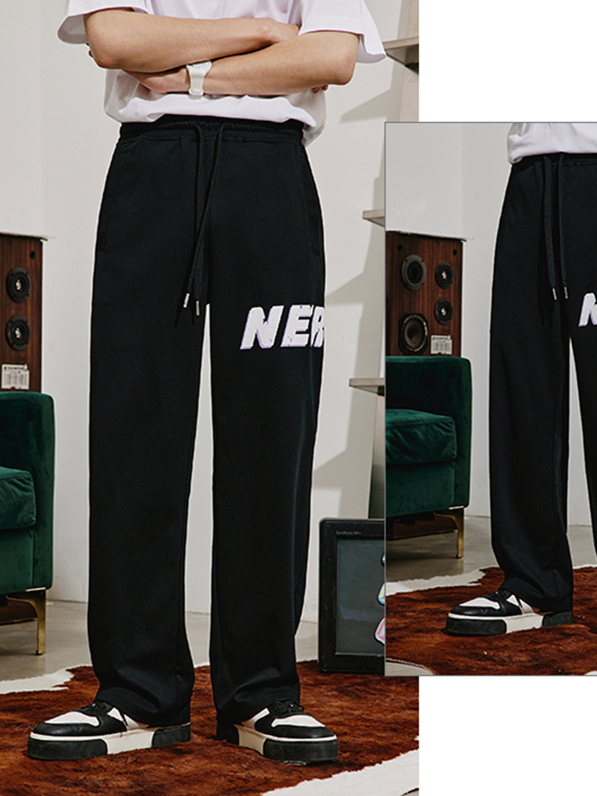 NERDY Logo Print Loose Straight Sports Pants-Zittor