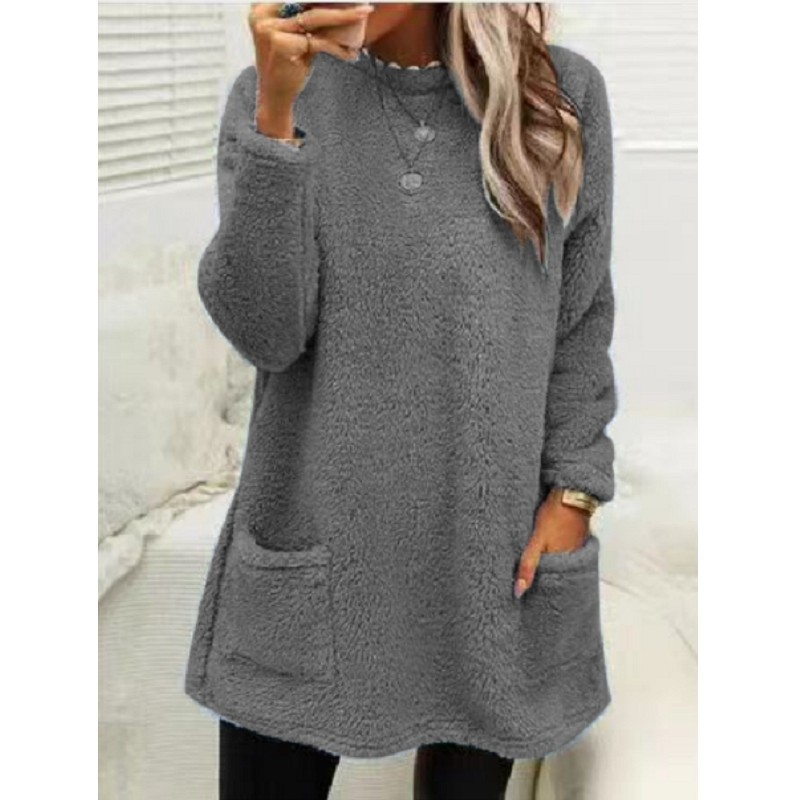 Pocket Crew Neck Casual Warm Long Sleeve T-shirt