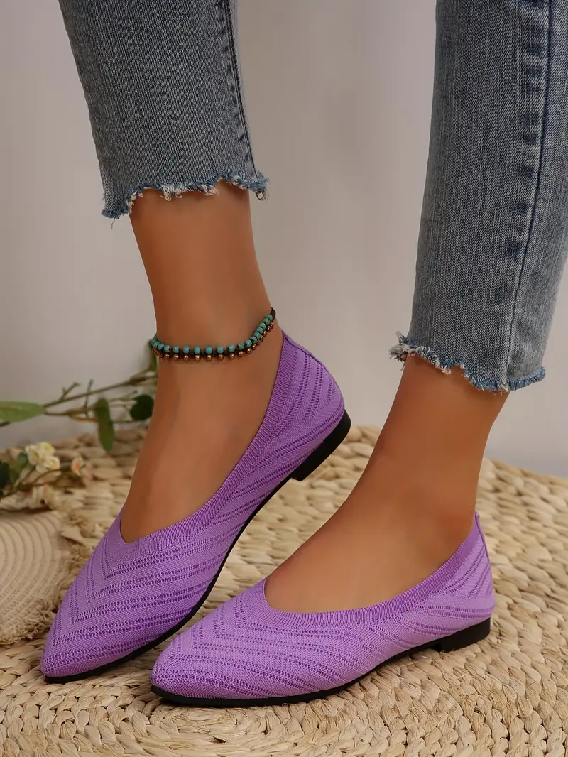 womens pointed toe flat shoes solid color knitted slip on shoes casual breathable ballet flats details 43