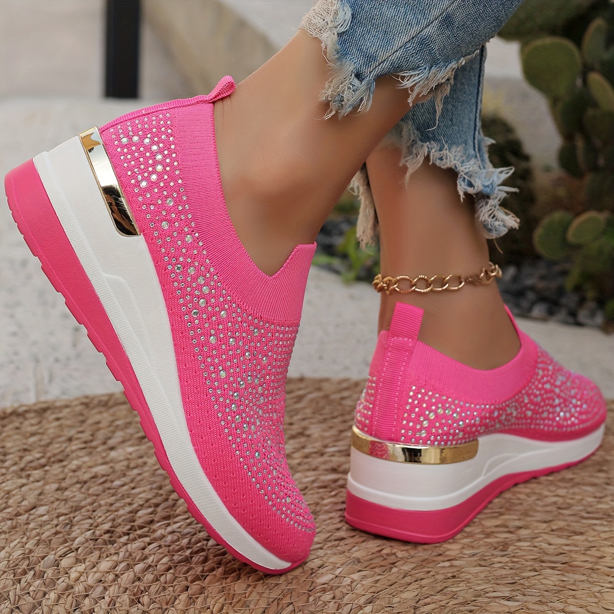 Women's Rhinestone Decor Platform Sneakers