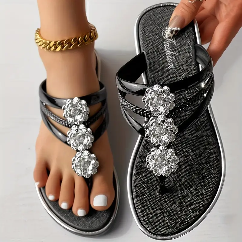 Women s Solid Color Glitter Sandals Rhinestone Floral Decor details 7