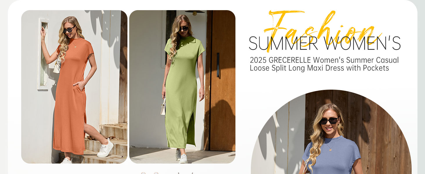 2025 GRECERELLE Women's Summer Mock Neck Casual Loose Split Long Maxi Dress with Pockets