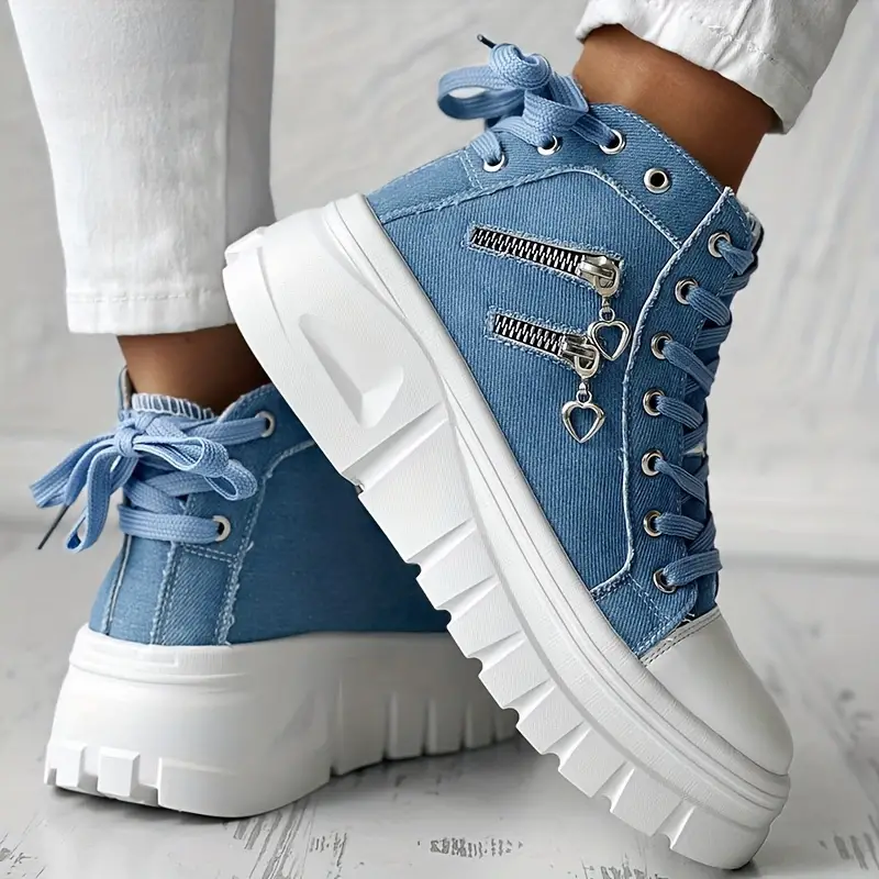 Women s Solid Color Denim Sneakers Lace Platform Soft Sole details 8