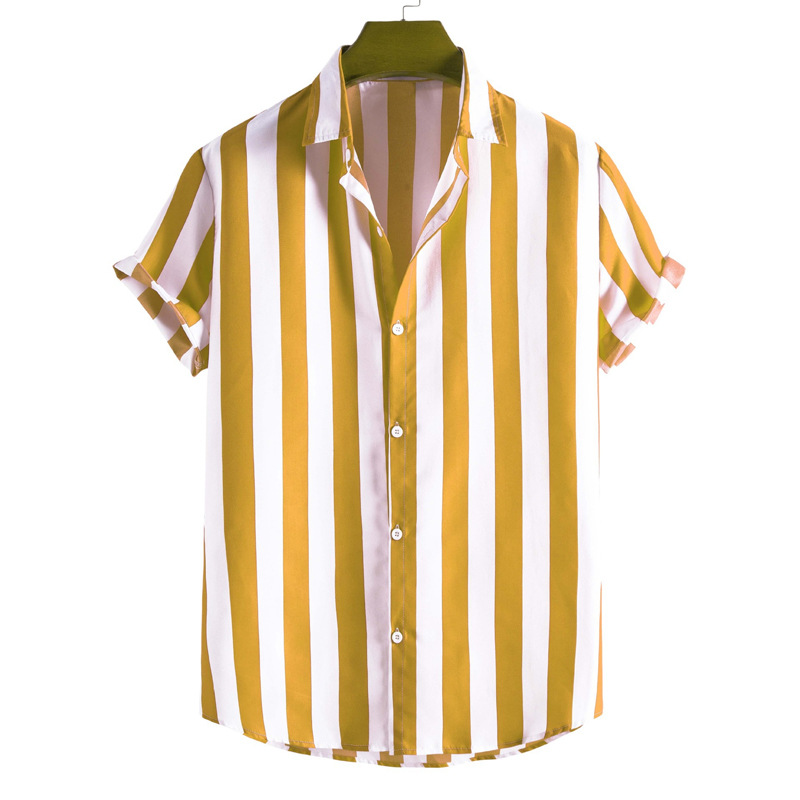 Men's Fashion Striped Contrast Loose Short Sleeve Lapel Shirt