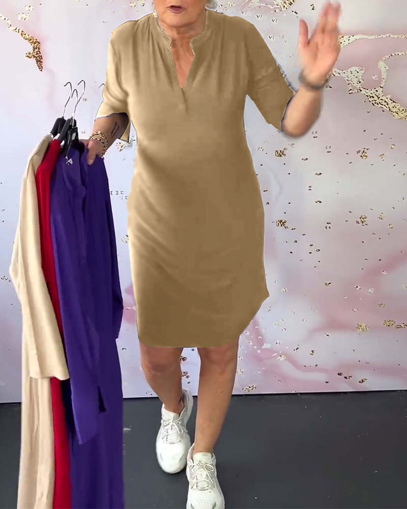 SOLID COLOR DRESS WITH V-NECK