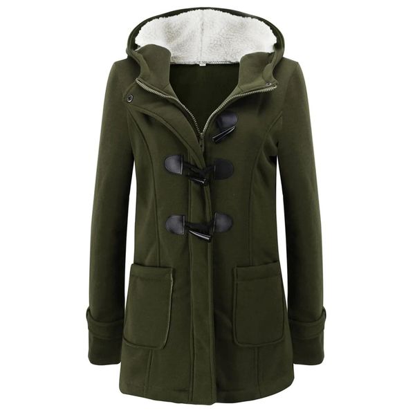 Women's horn button thickened hooded cotton coat