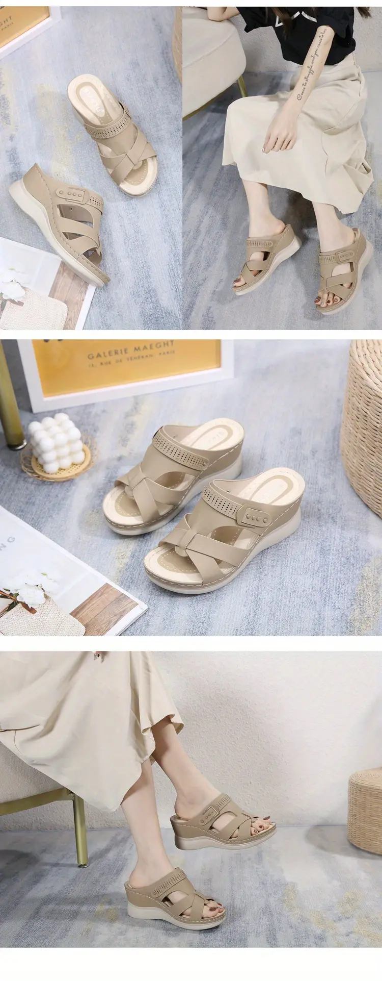 women s wedge slide sandals open toe cross strap slip shoes details 6