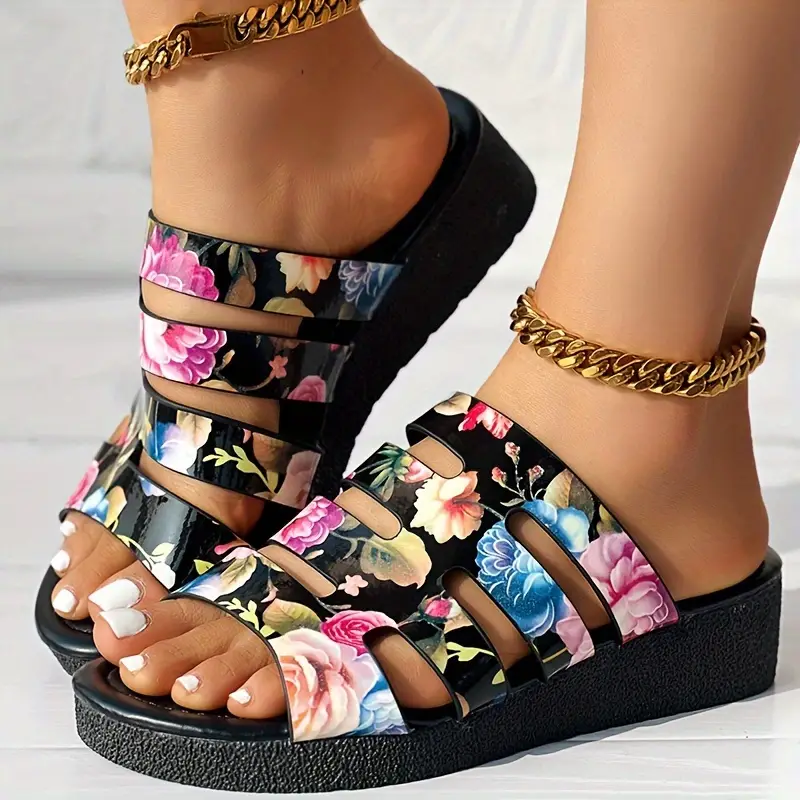 Women s Floral Print Casual Sandals Platform Slip Soft Sole details 6