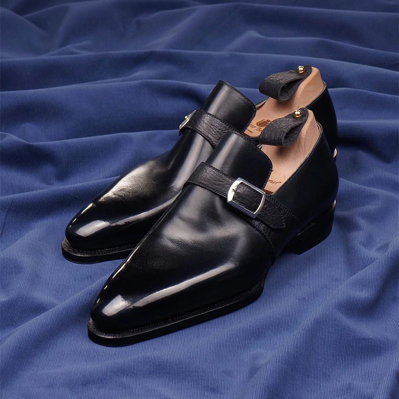 DARK NAVY SINGLE MONK LEATHER SHOES.-Zittor