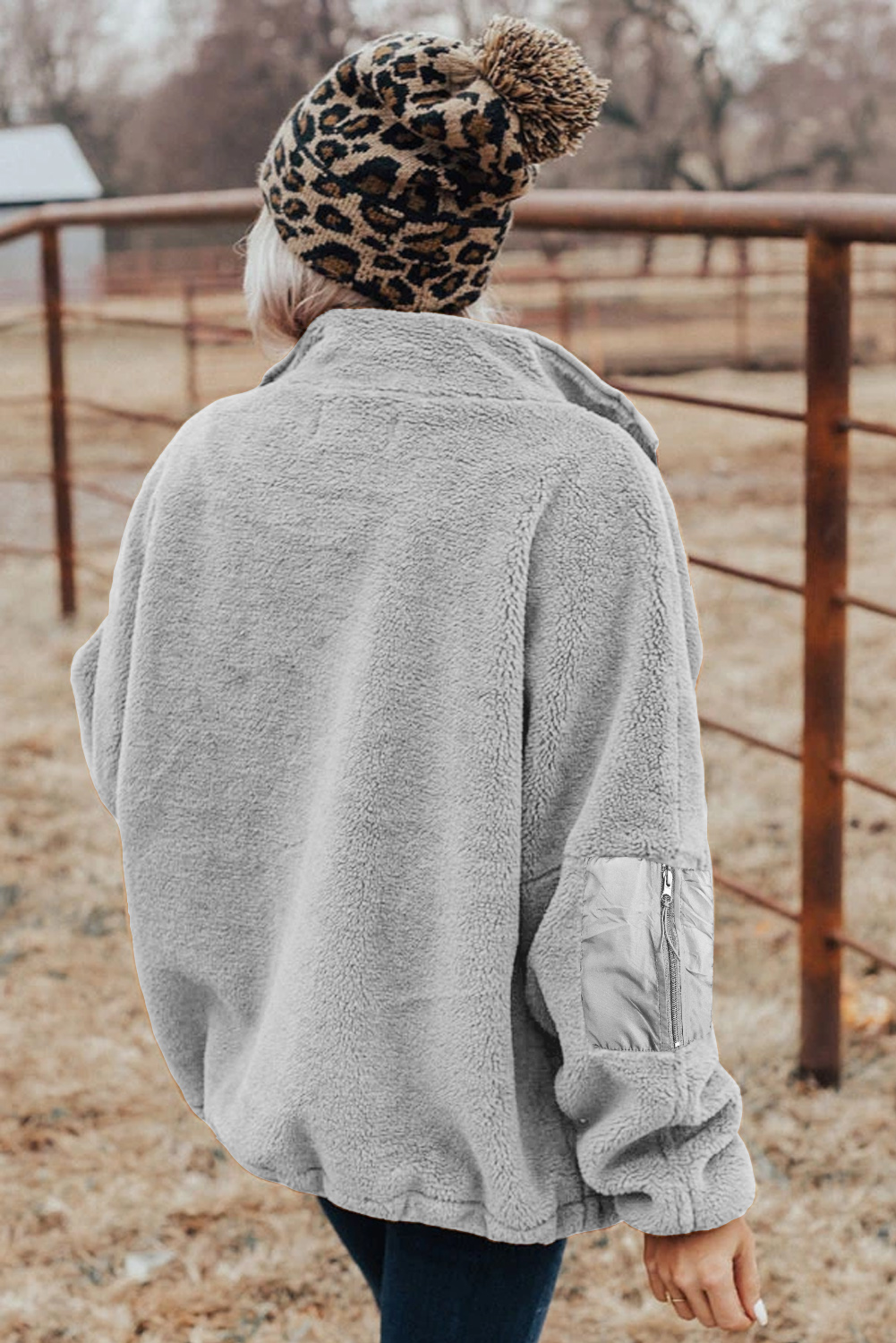 Blue Black Zip Up Sherpa Coat with Pocket