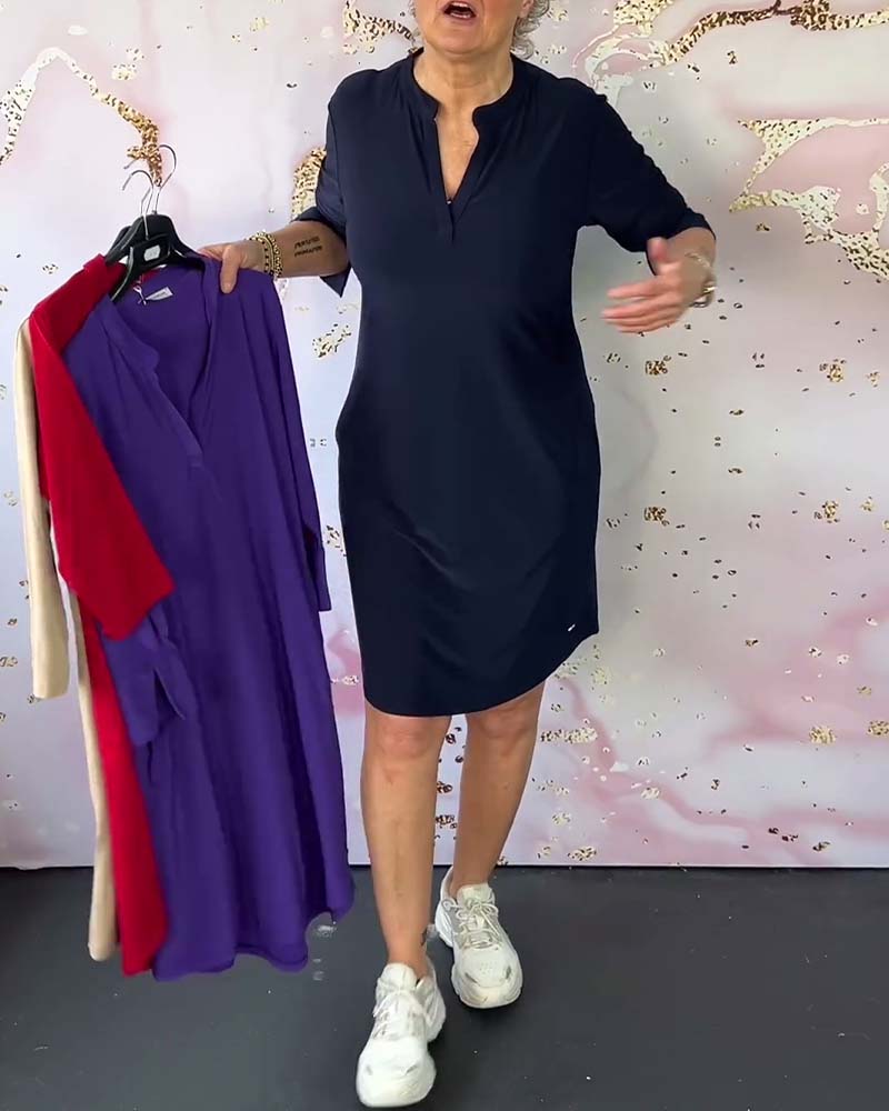 SOLID COLOR DRESS WITH V-NECK